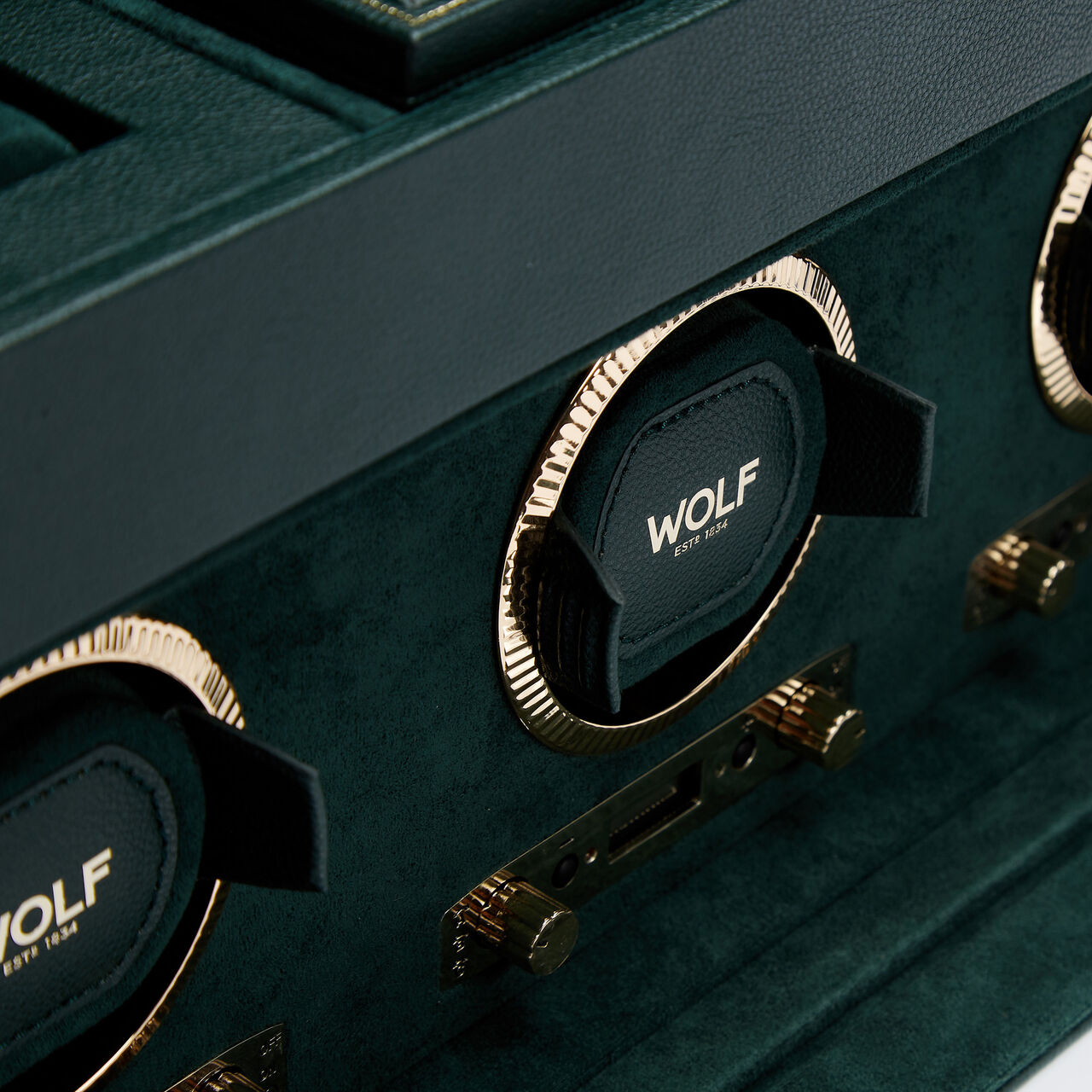 WOLF British Racing Green 3 Piece Watch Winder with Storage Closeup image number 4